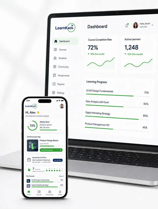 LearnKasts dashboard on a MacBook with the mobile app standing in front of it