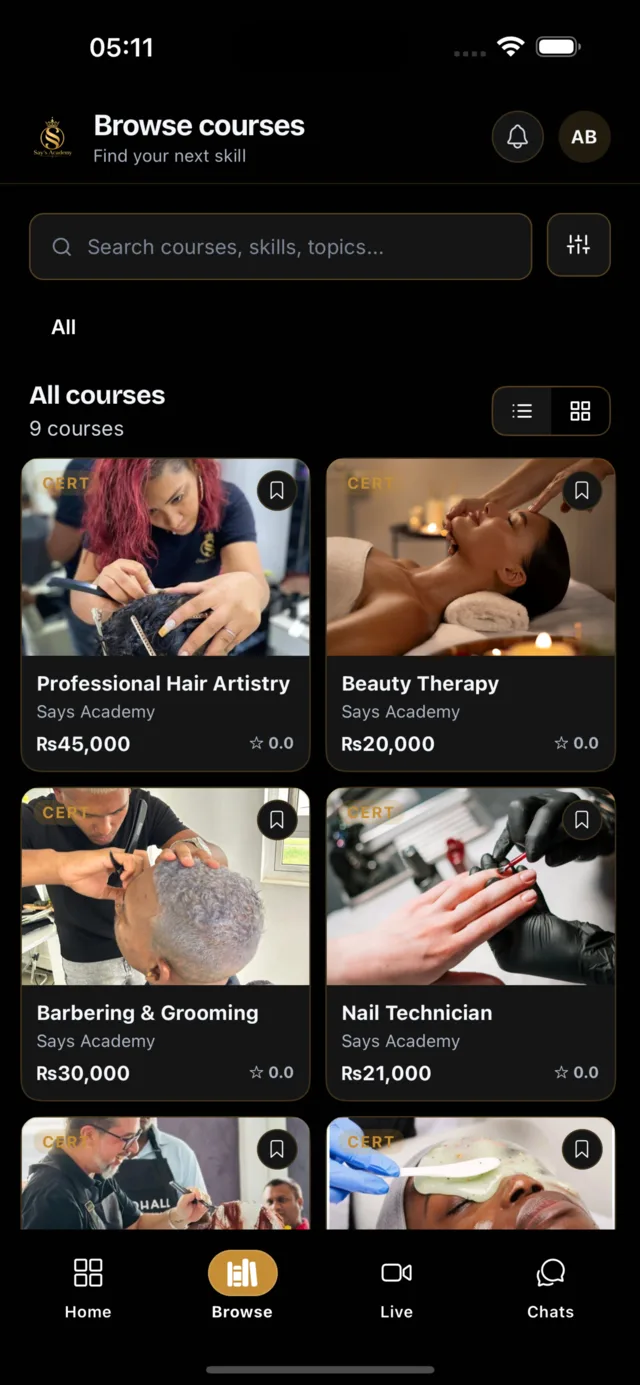 LearnKasts mobile app showing a course catalog