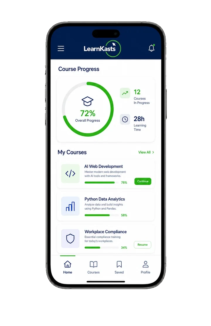 LearnKasts learner app on a phone showing course progress