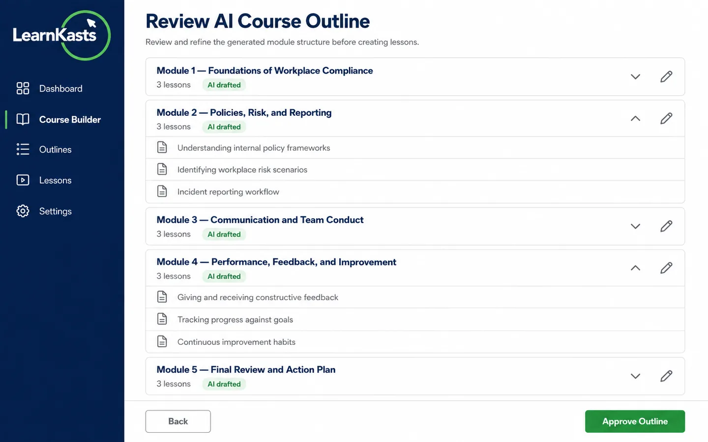 The AI Course Builder review screen, showing a drafted five-module course outline where every module is marked as AI drafted, carries an edit control, and waits on an Approve Outline action